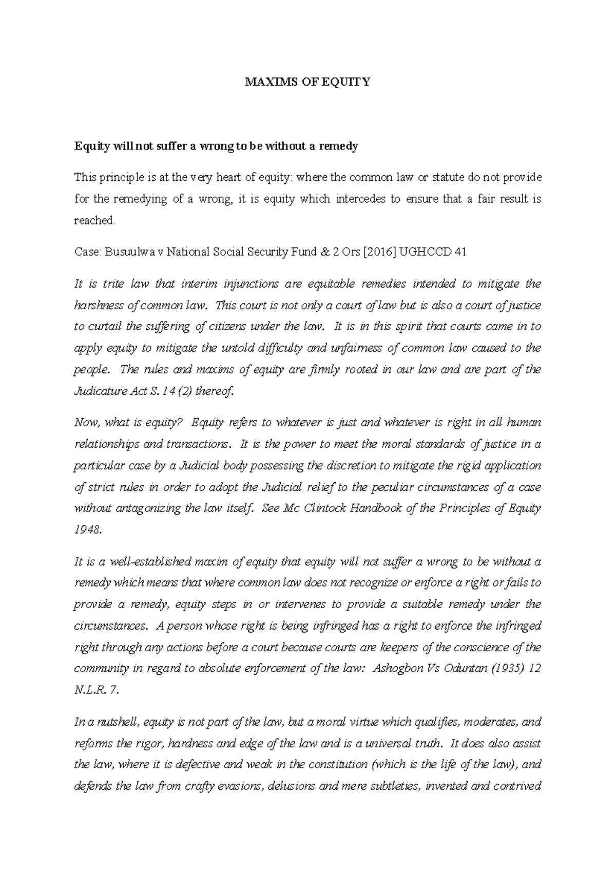 Module 2 - Maxims of Equity: Principles and Case Law Analysis - Studocu