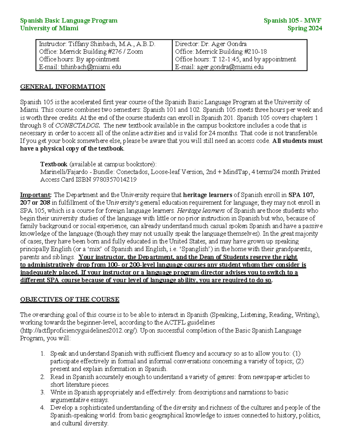 SPA 105 - Spanish Basic Language Program Syllabus Spring 2024 - Studocu
