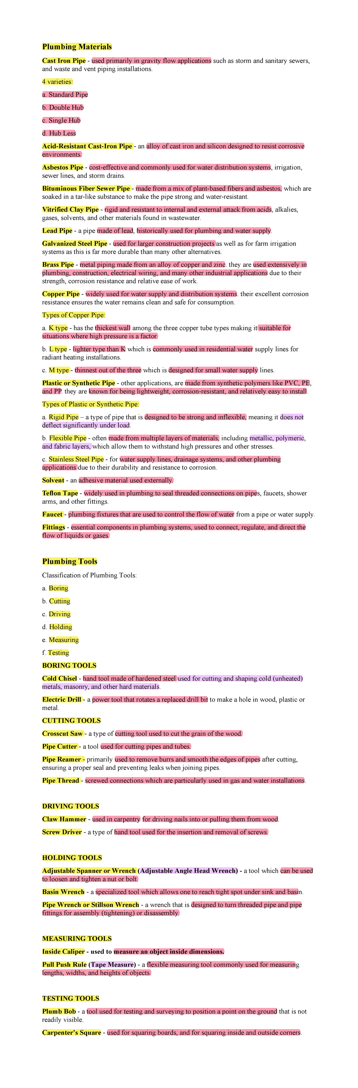 Plumbing Materials & Tools Overview: Types and Applications - Studocu