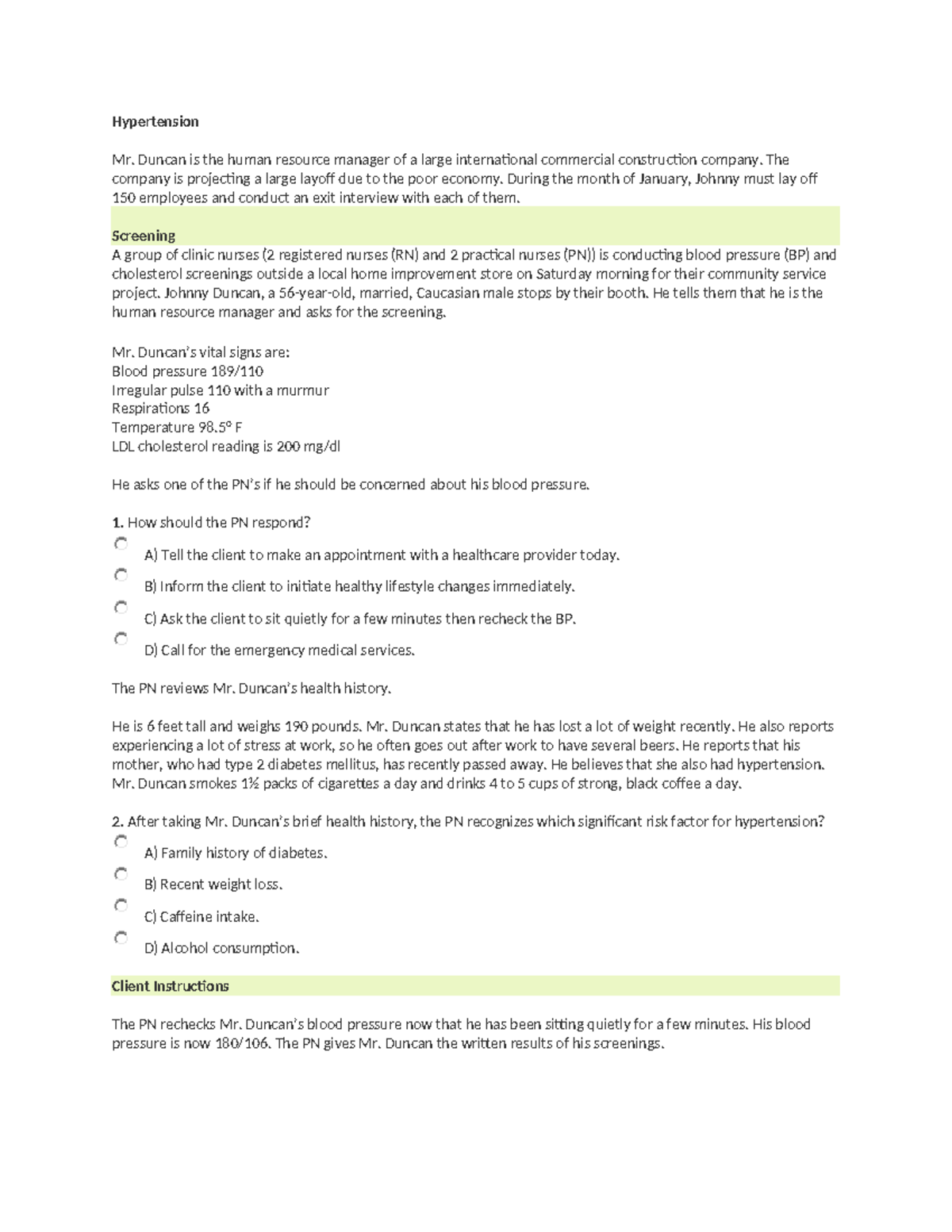Hypertension Case Study - Analyzing Mr. Duncan's Health Risks and Care ...