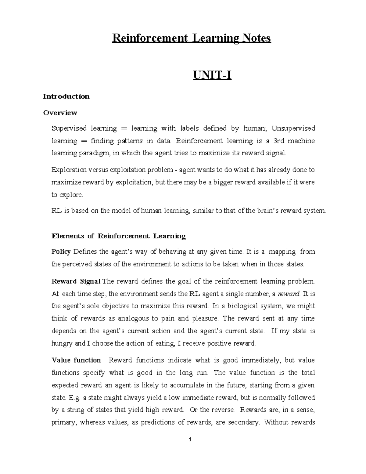 Rl-unit5 - WRITTEN NOTES - Reinforcement Learning Notes UNIT-I ...