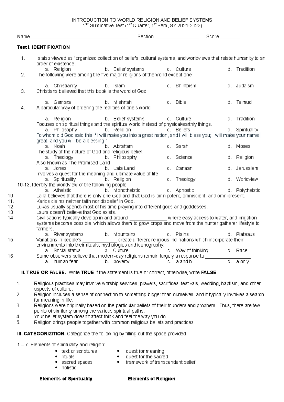1st Summative Test in World Religion & Belief Systems (SY 21-22) - Studocu