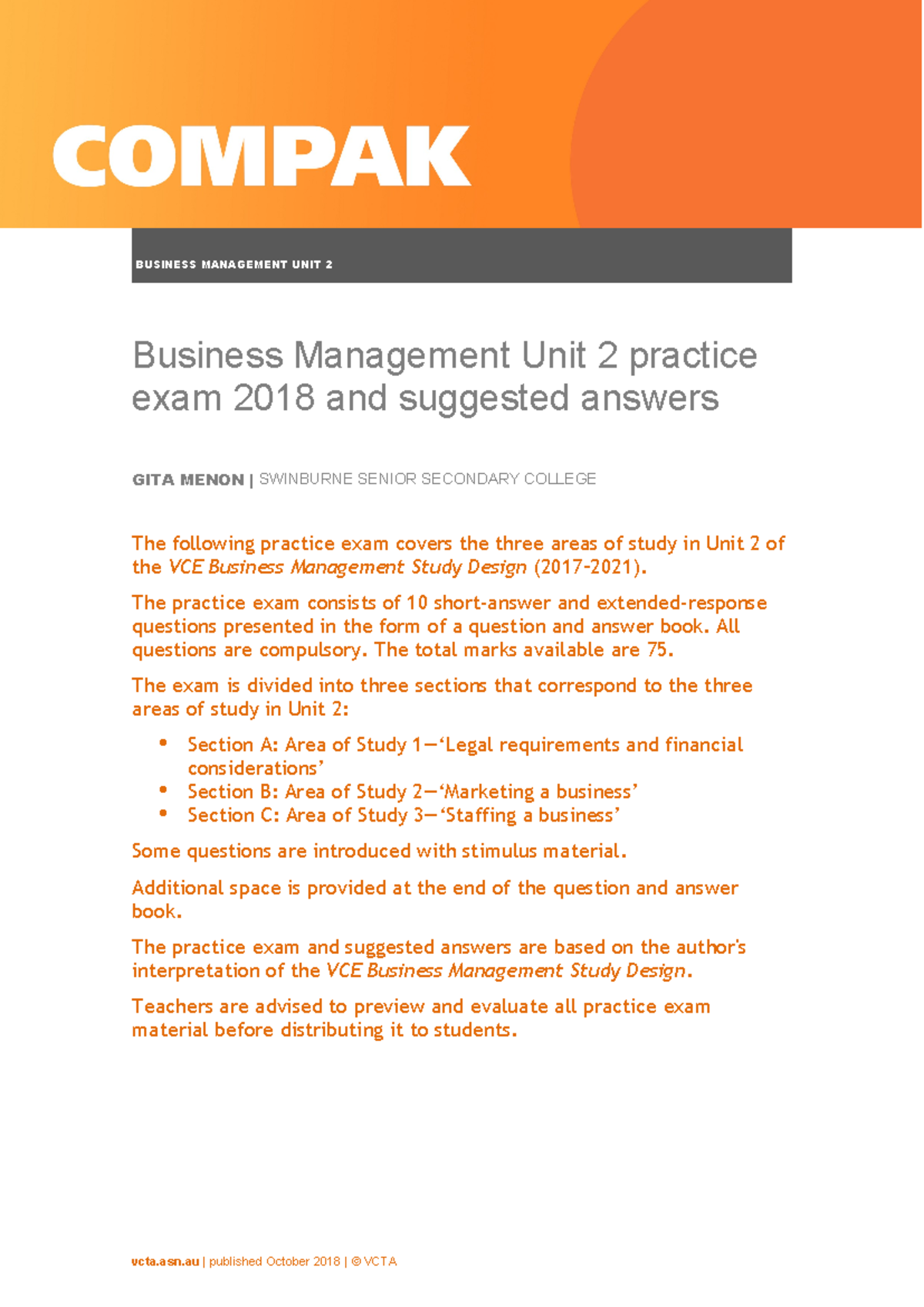 Business Management Unit 2 Practice Exam & Solutions (2018) - Studocu