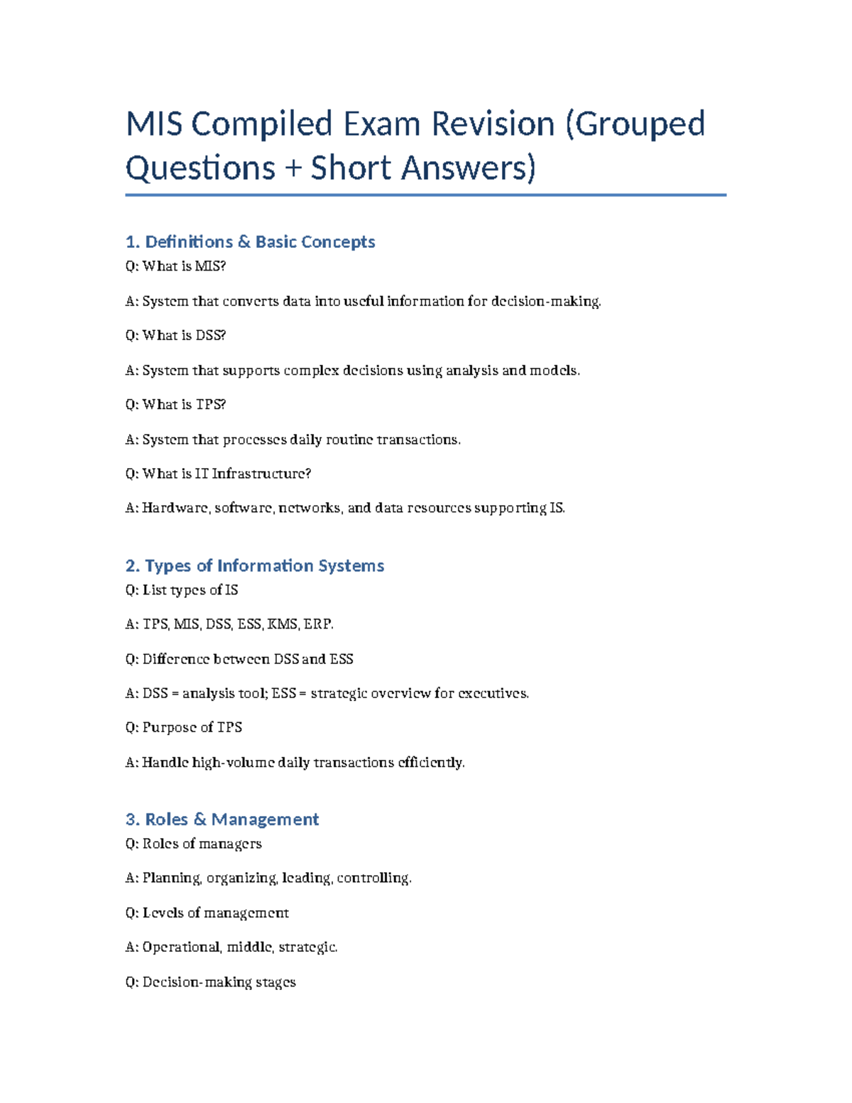 MIS Compiled Study - Last Minute Exam Revision Material - Studocu
