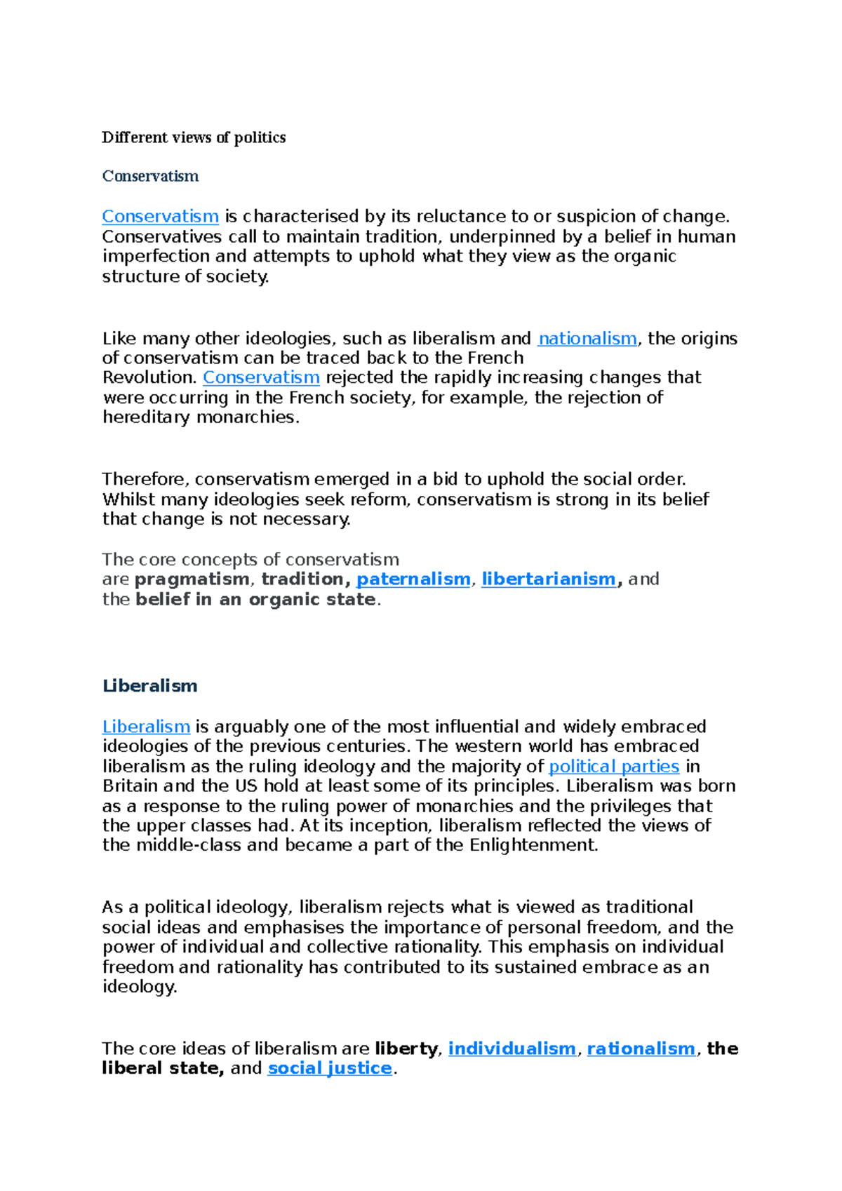 Different views of politics - Different views of politics Conservatism ...