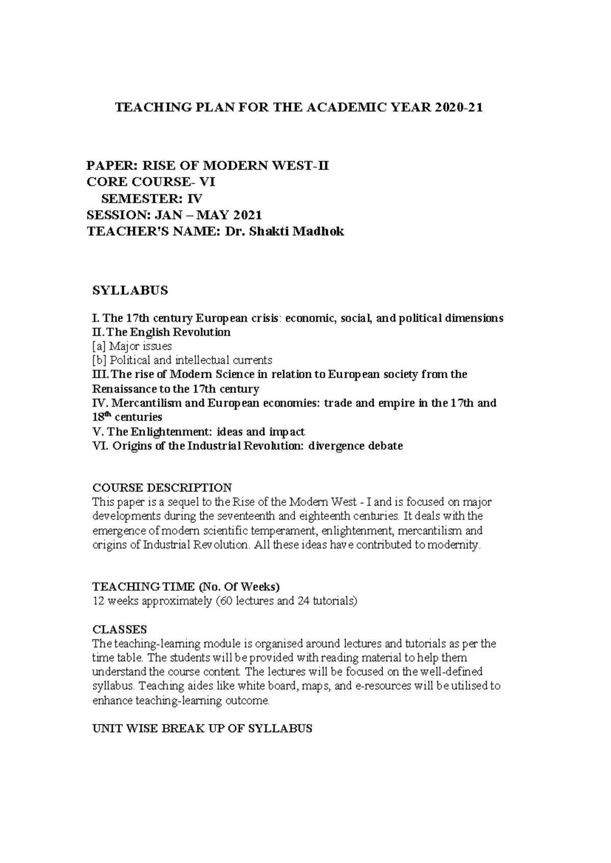 Teaching Plan for Rise of Modern West-II (Core Course VI) - Studocu