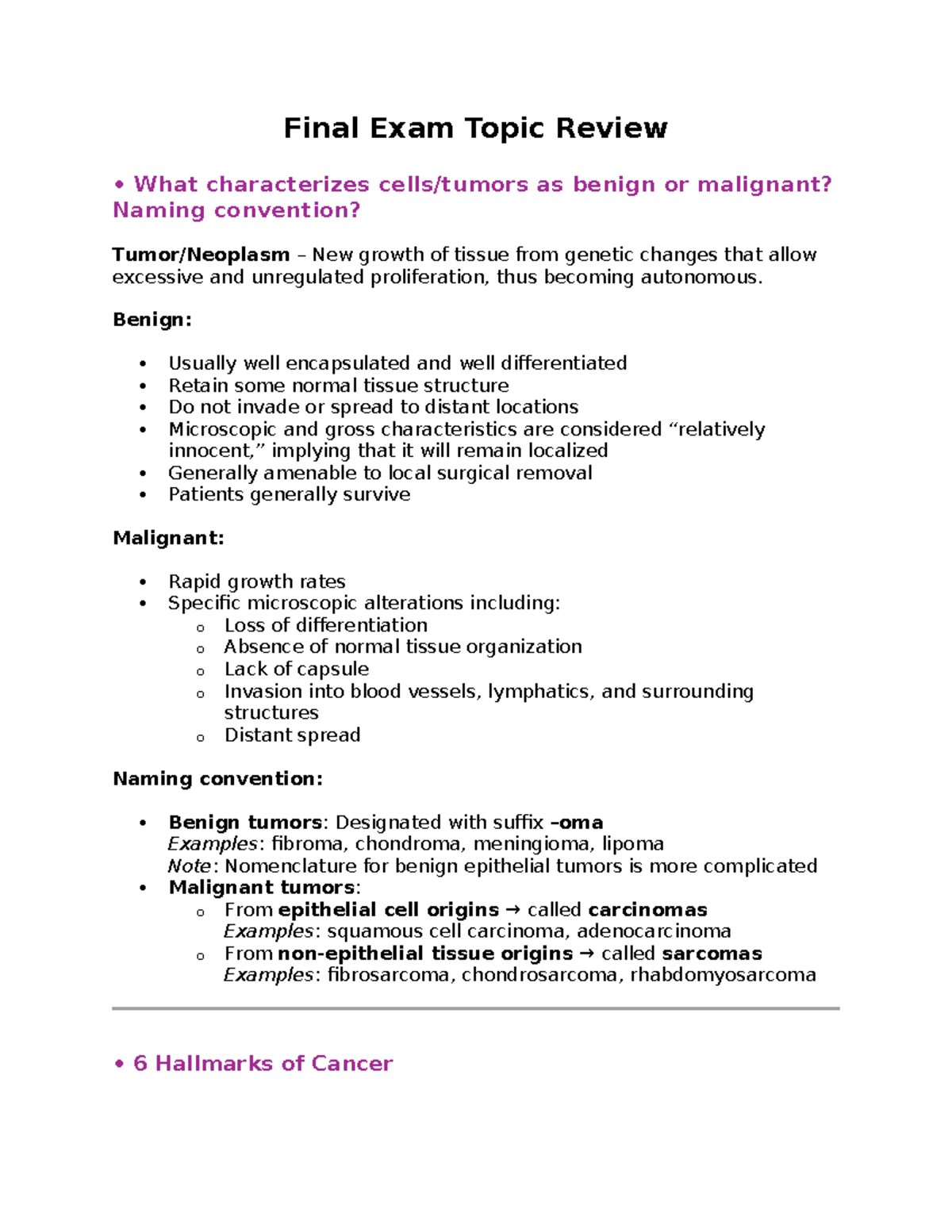 Final Exam Review: Benign vs. Malignant Tumors and Immunity Mechanisms ...