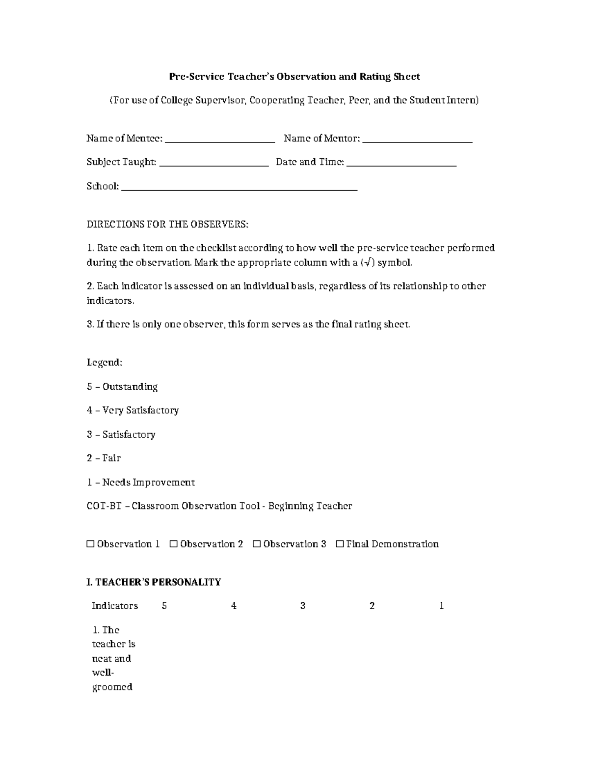 Pre-Service Teacher Observation & Rating Sheet (COTBT) - Studocu