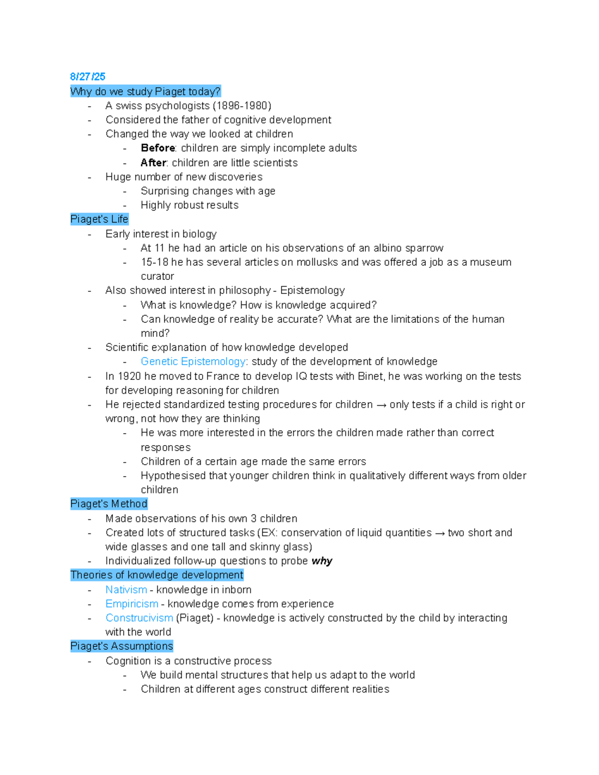 Developmental Psychology Class Notes: Piaget's Theories and Beyond ...