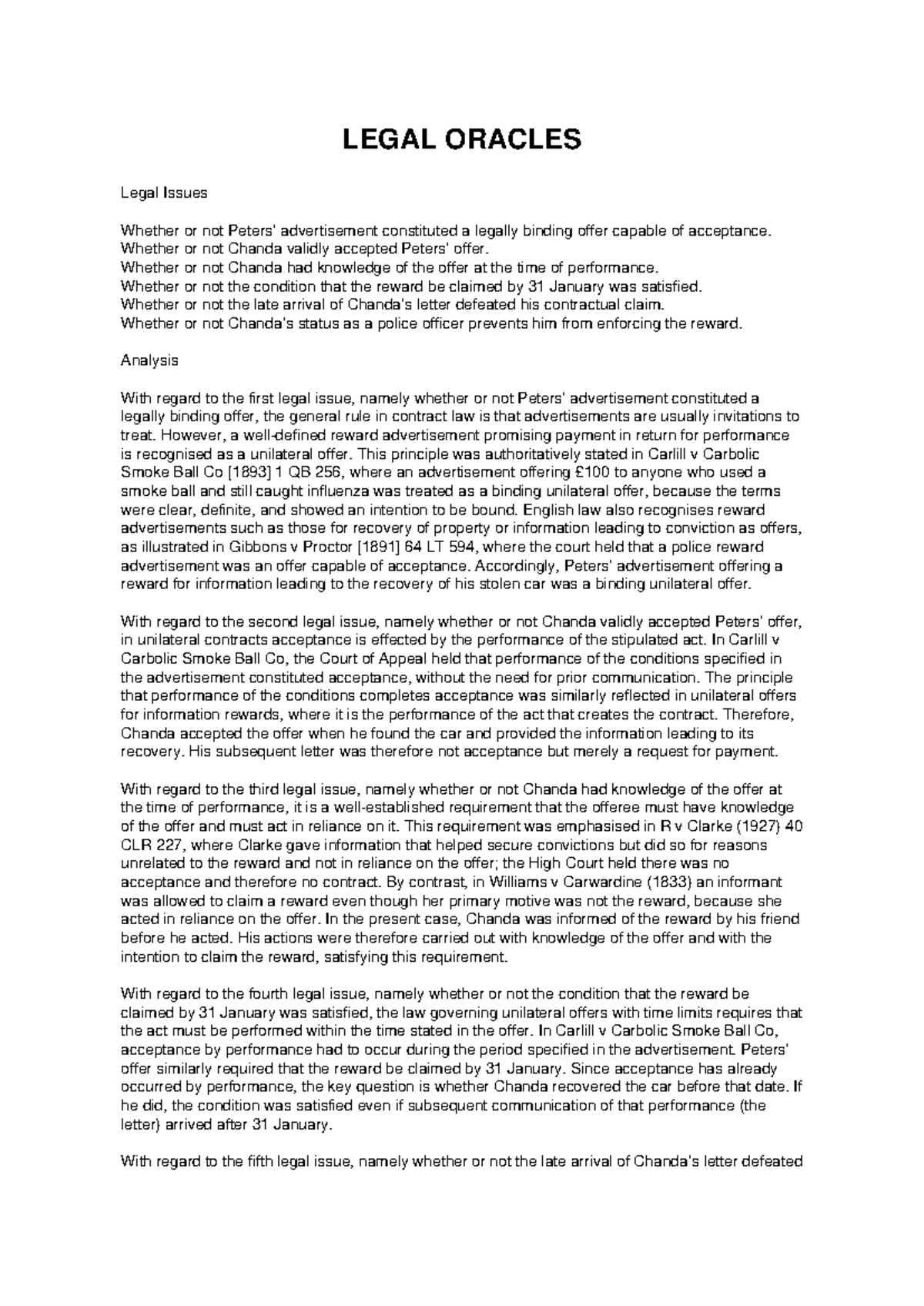Legal Oracles: Chanda's Reward Claim Analysis (Legal Issues) - Studocu