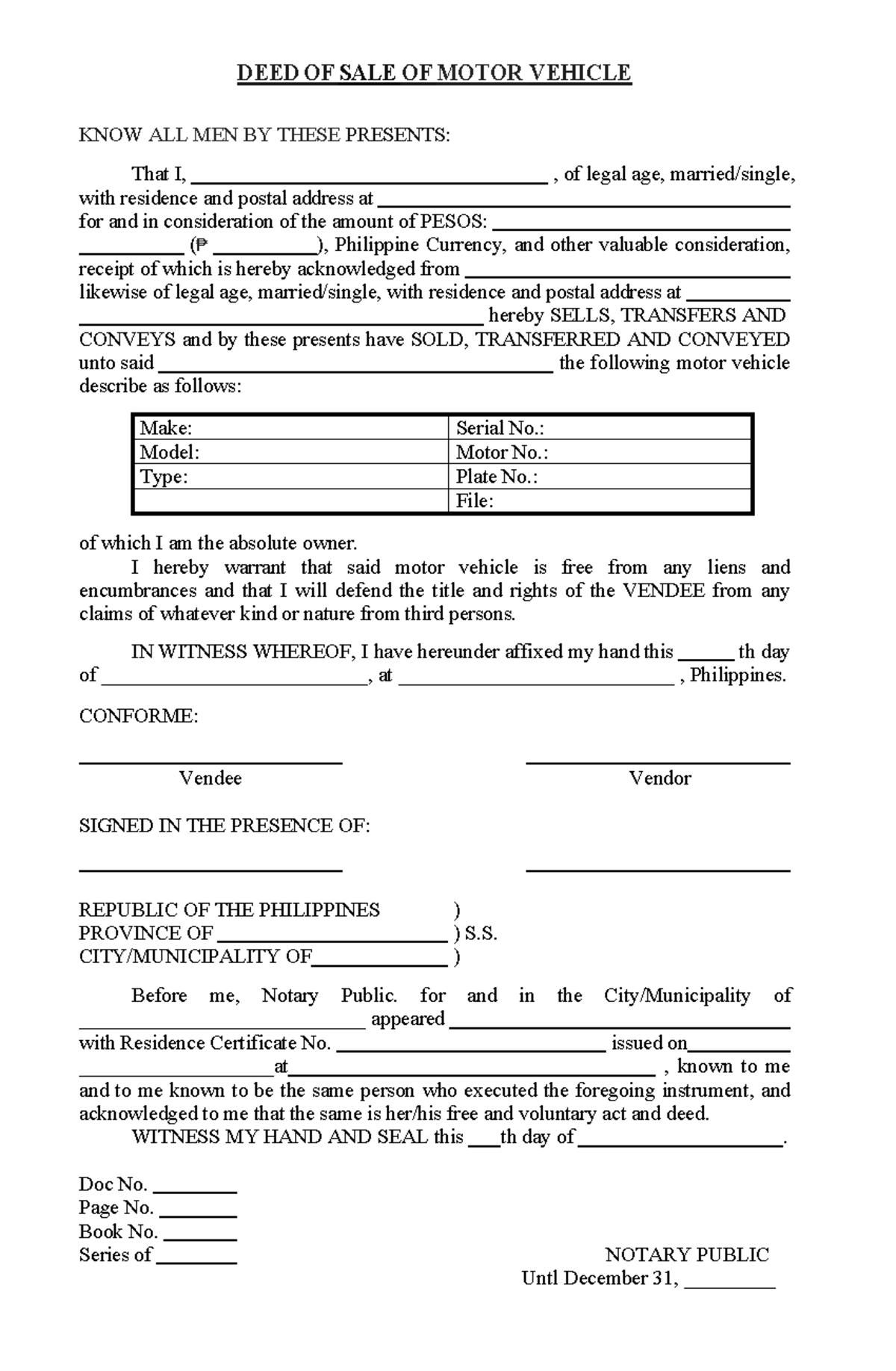 Deed Of Sale Of Motor Vehicle