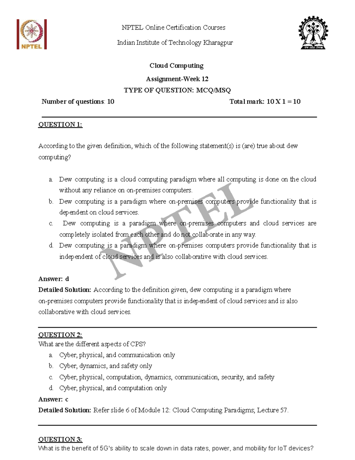Cloud Computing Assignment 12 - MCQ Questions & Answers - Studocu