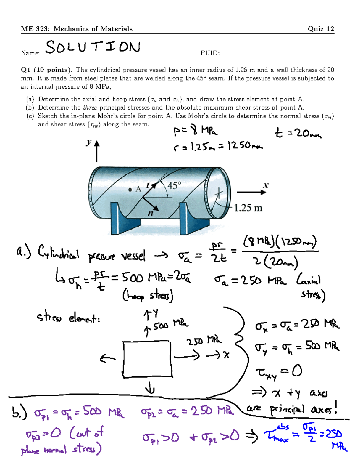 Quiz 12 solution-1 - N/A - ME 323: Mechanics of Materials Quiz 12 Name ...