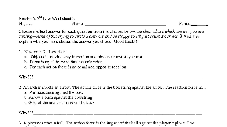 Physics 101: Worksheet 1 on Newton's 3rd Law - Studocu