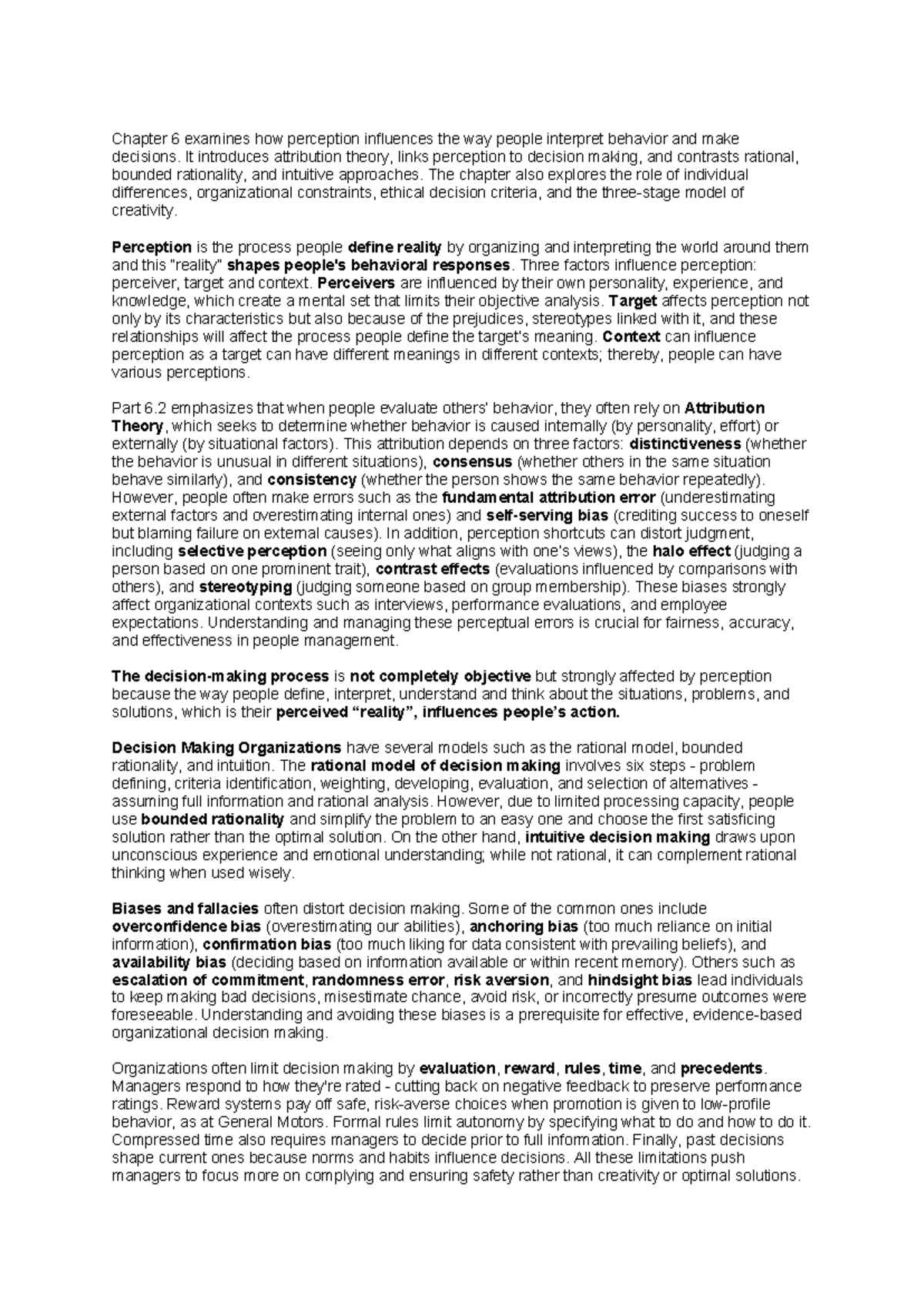 Chapter 6 Summary: Perception, Decision Making & Attribution Theory ...