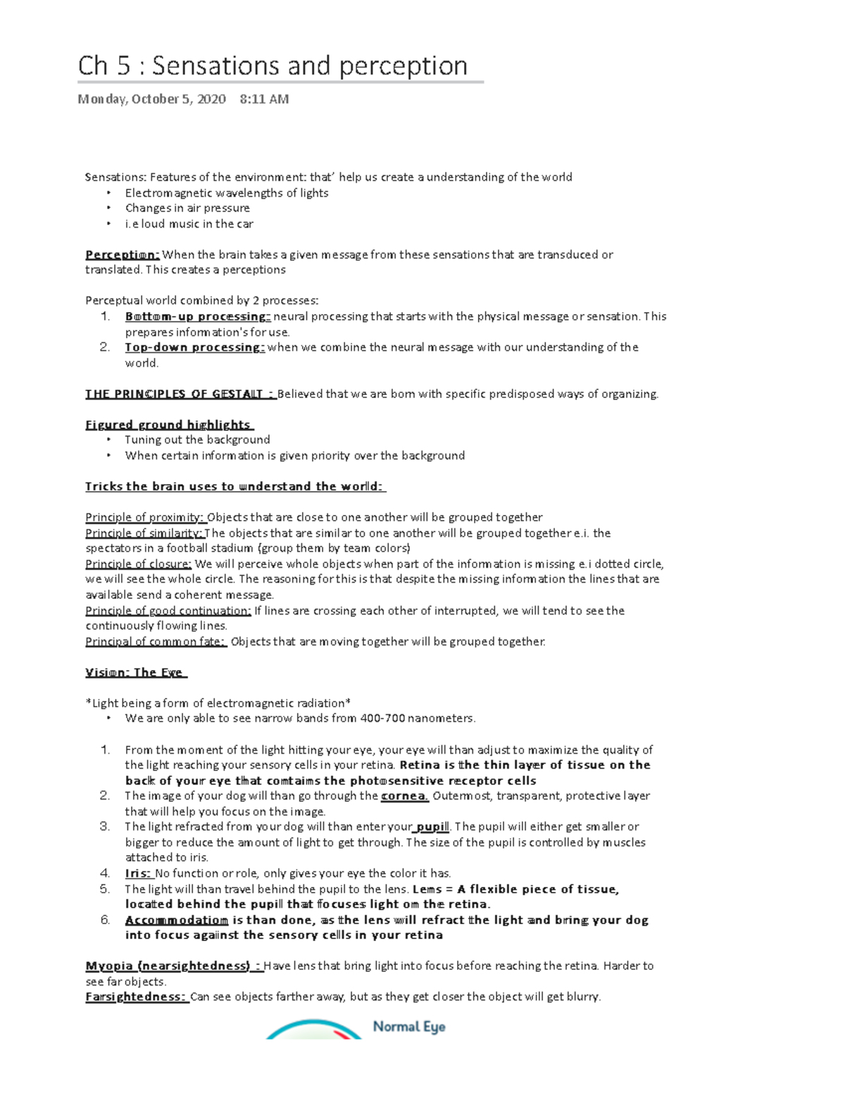 Chapter 5 - Ch 5 : Sensations and perception Monday, October 5, 2020 8: ...