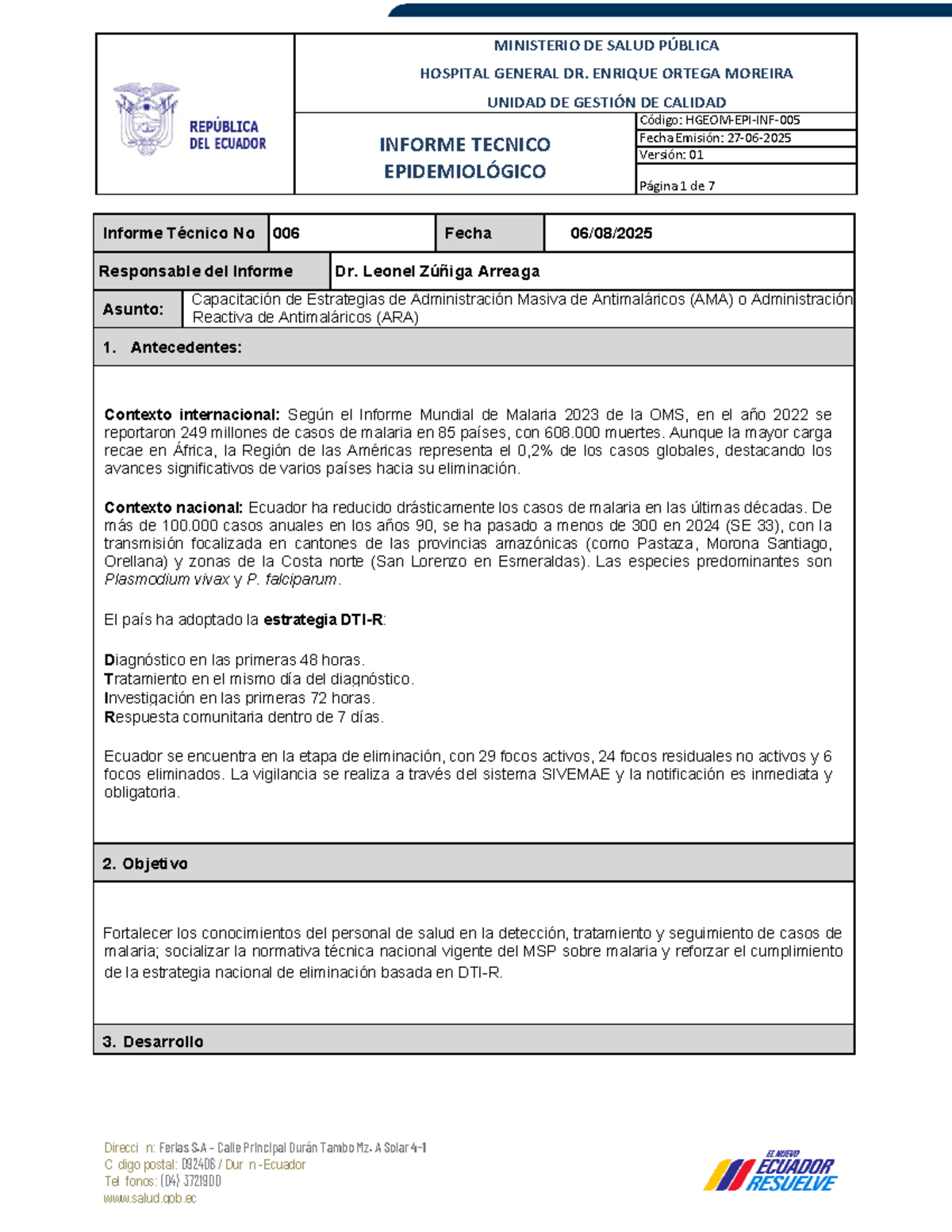 Informe Técnico No. 006: Estrategias para la Eliminación de Malaria - Document Preview