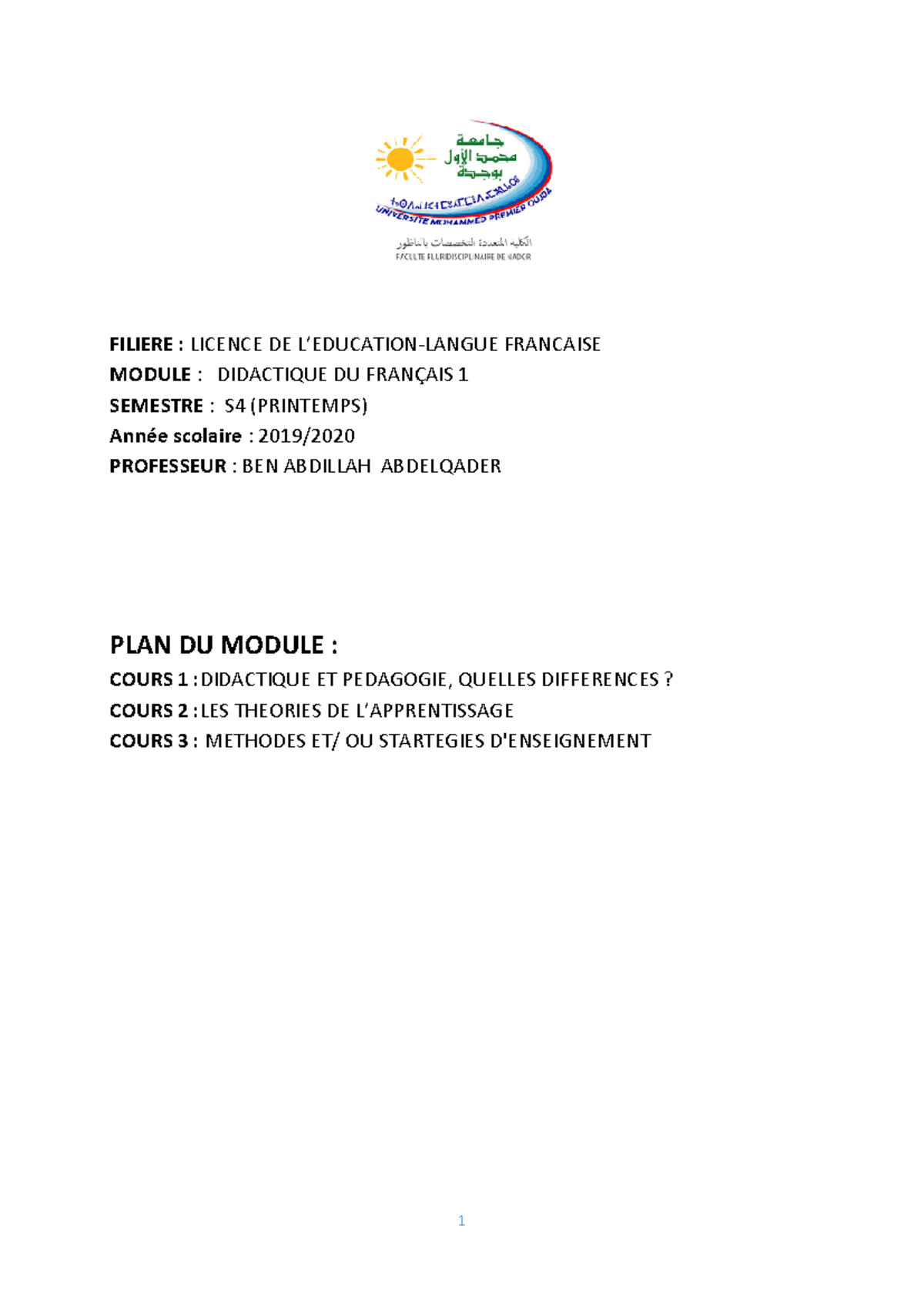 Didactique du Français S4 - Licence d'Éducation, Module 2020 - Studocu