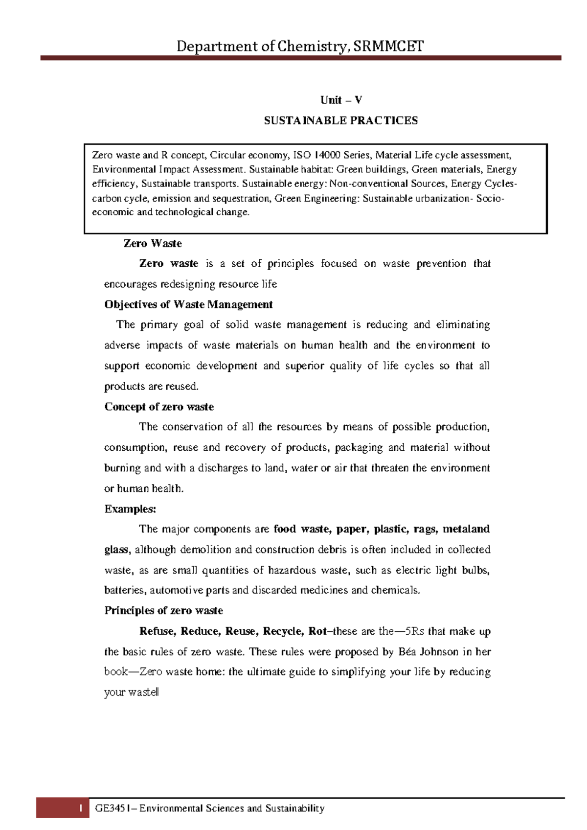 Unit V - EVS: Sustainable Practices, Zero Waste, and Circular Economy ...