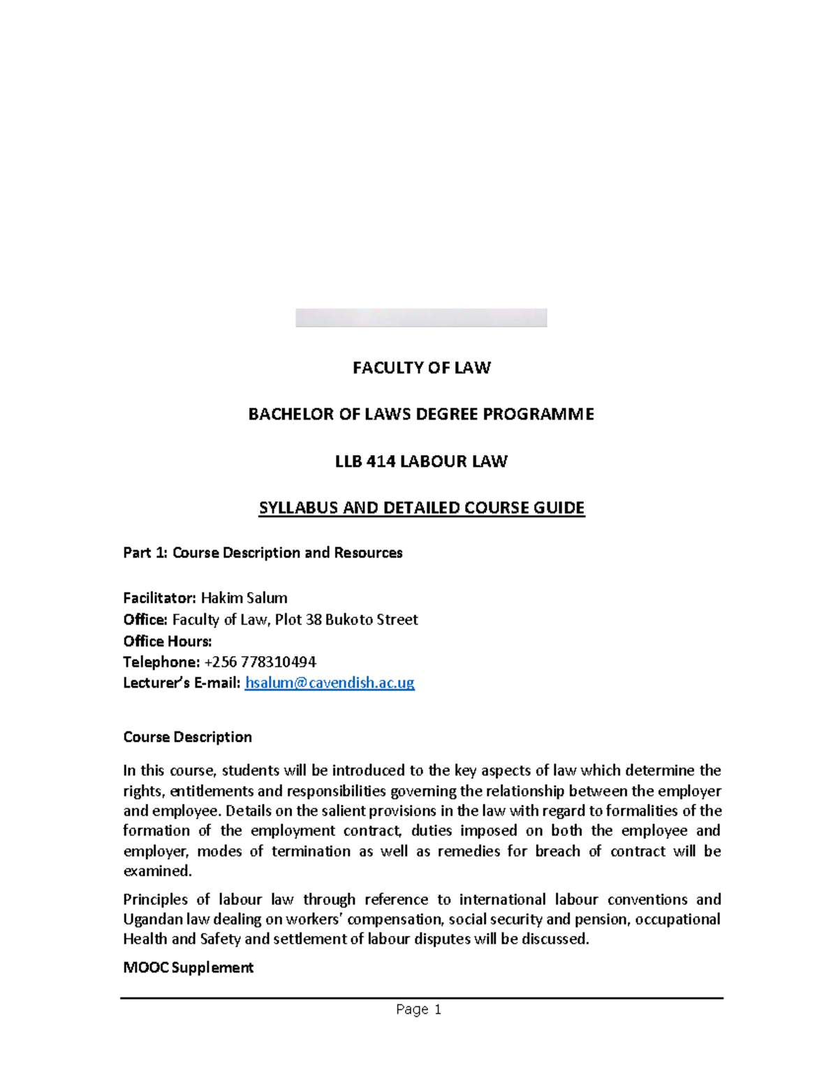 LLB 414 Labour Law Course Guide: Syllabus & Resources Overview - Studocu