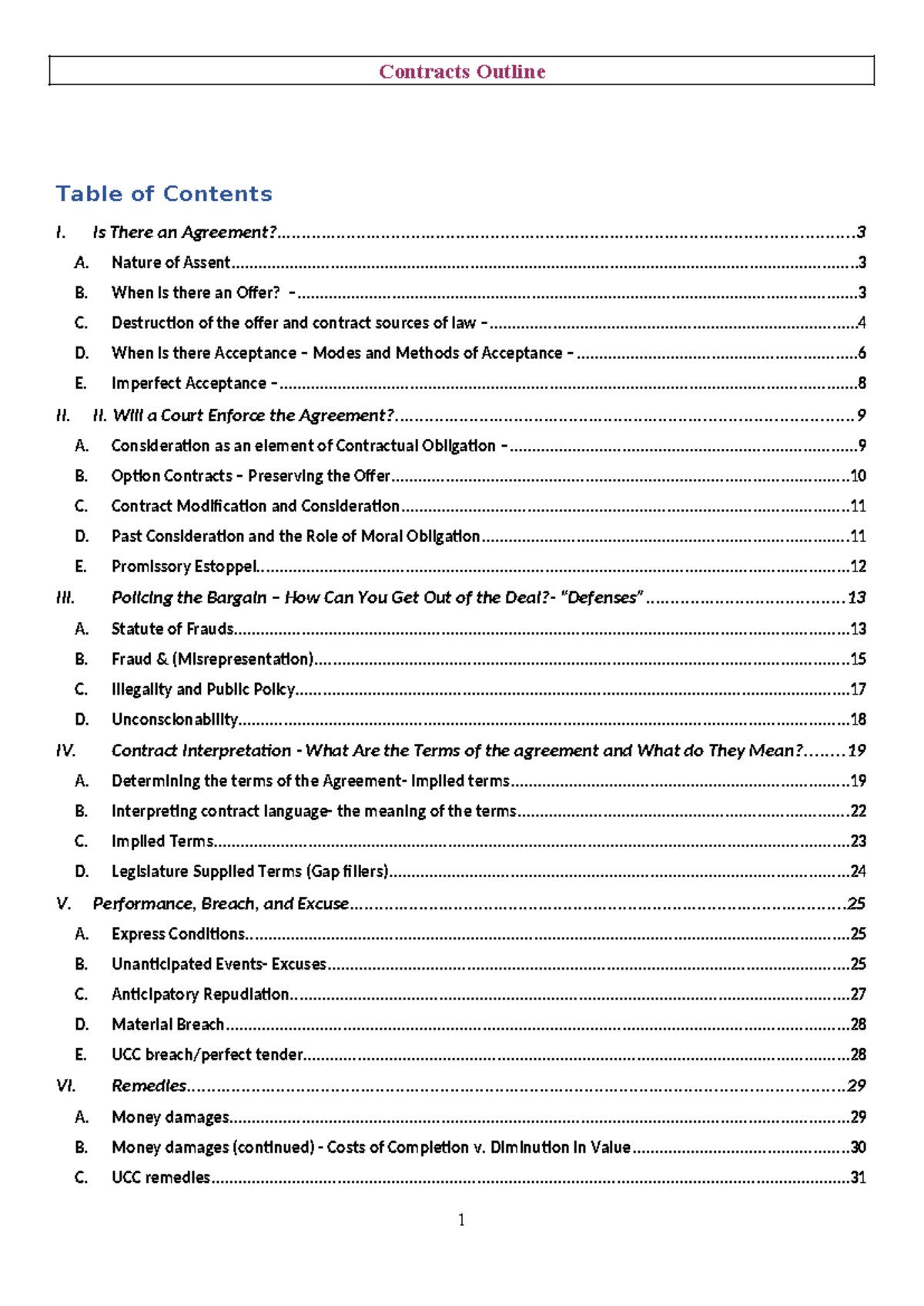 Contracts Outline Summary: Key Concepts and Case Law Analysis - Studocu