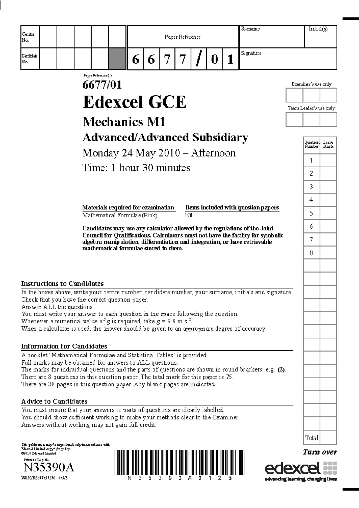 M1 Mechanics May 2010 Exam Paper - Edexcel GCE - Studocu