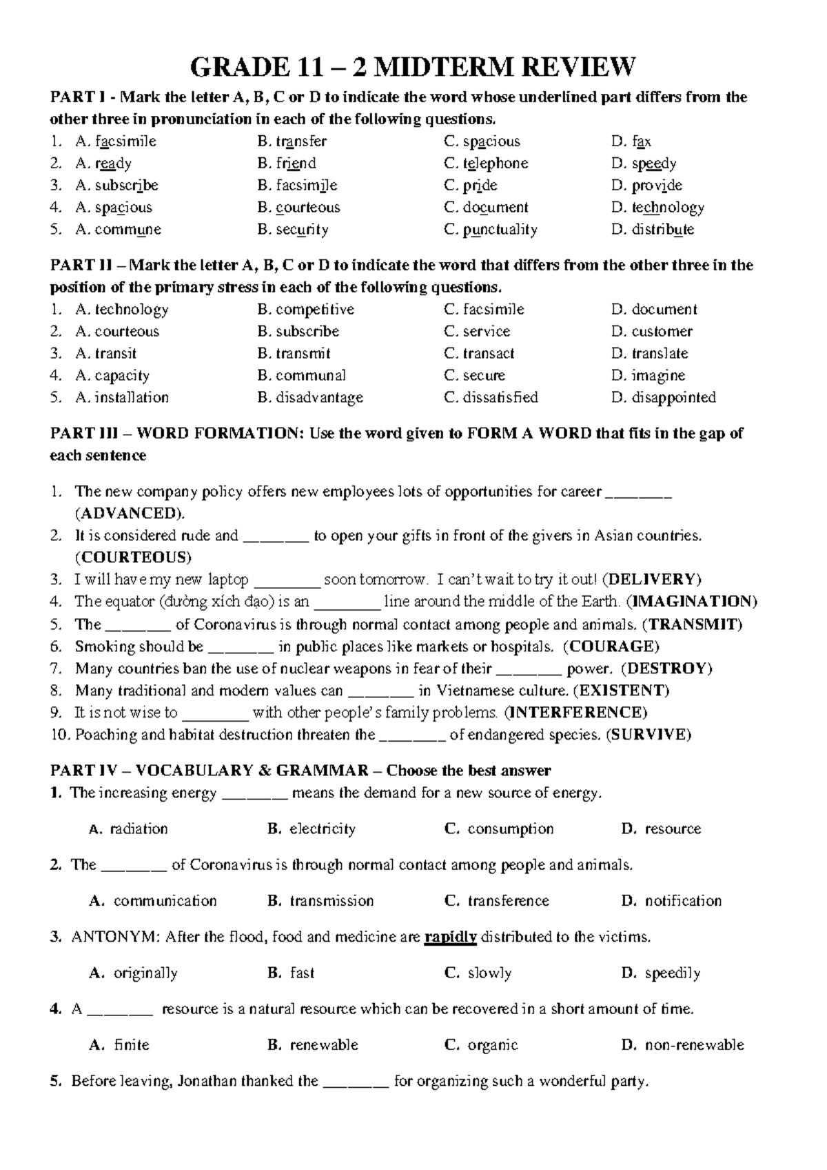 G11-2Midterm-Review-WEB - GRADE 11 – 2 MIDTERM REVIEW PART I - Mark the ...