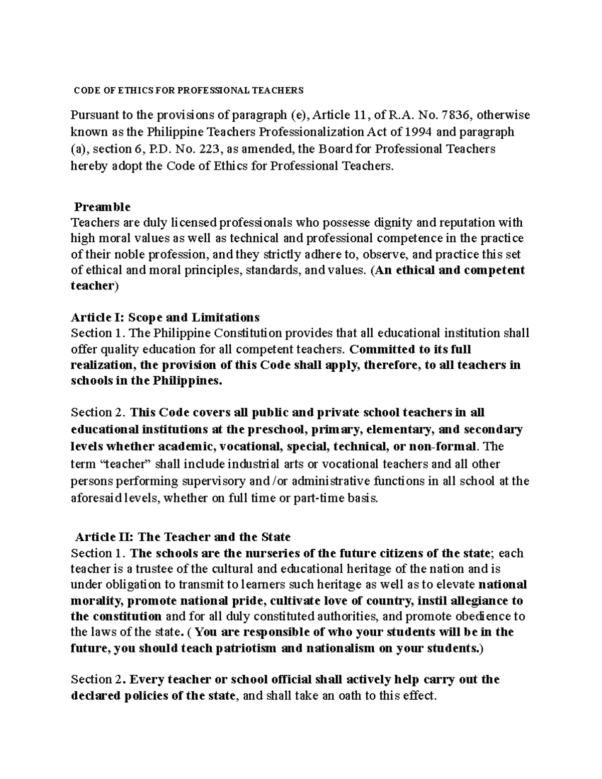 CODE OF Ethics FOR Professional Teachers - CODE OF ETHICS FOR ...