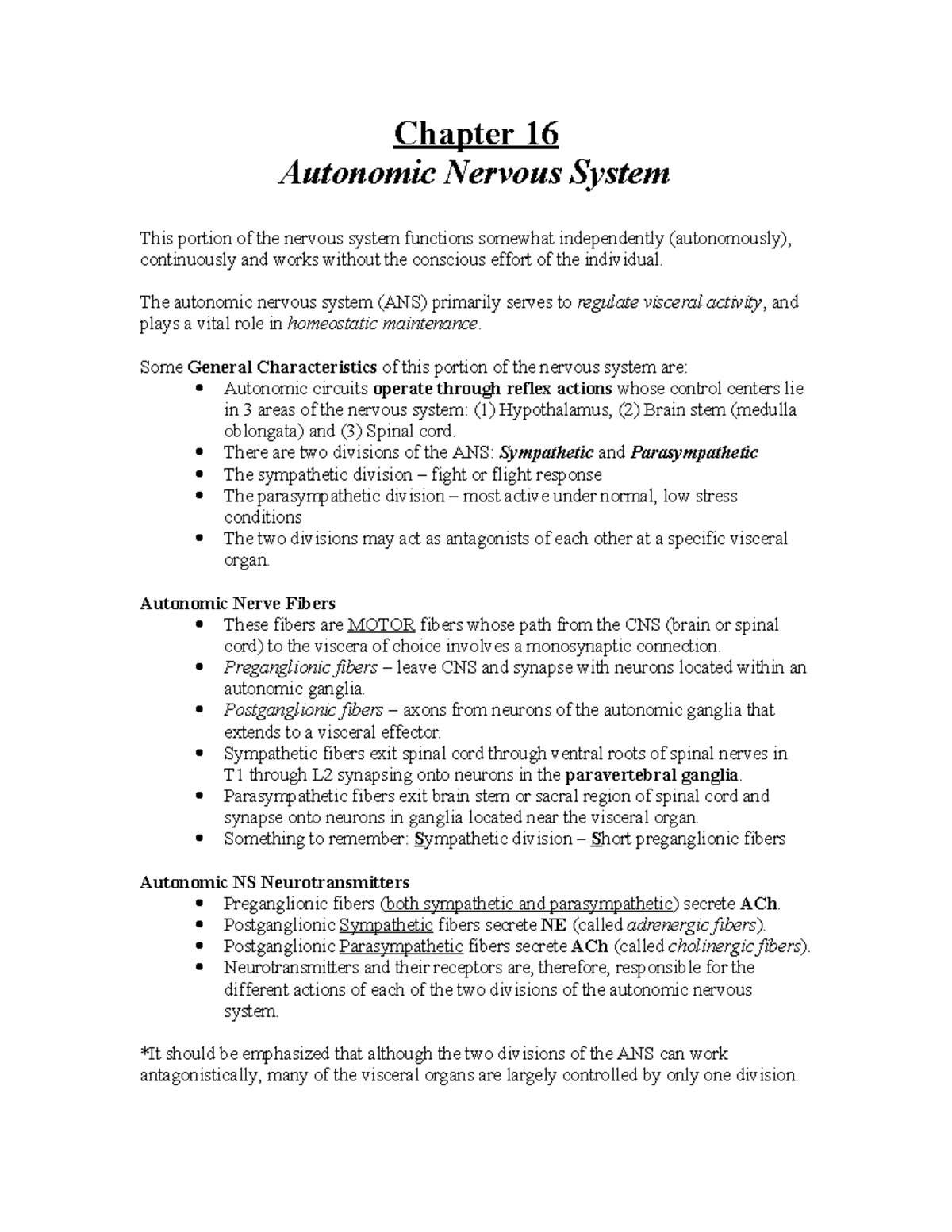 Chapter 16: Autonomic Nervous System Functions & Control (BIO101) - Studocu