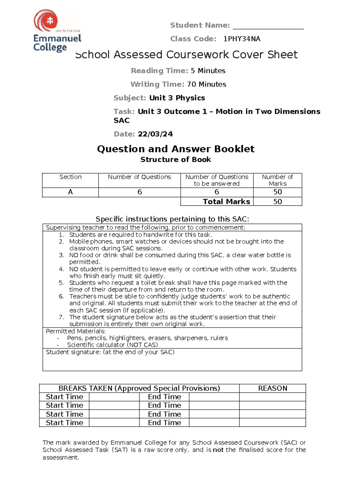 Physics Unit 3 Outcome 1 SAC 2024 – Motion in Two Dimensions 1PHY34NA ...