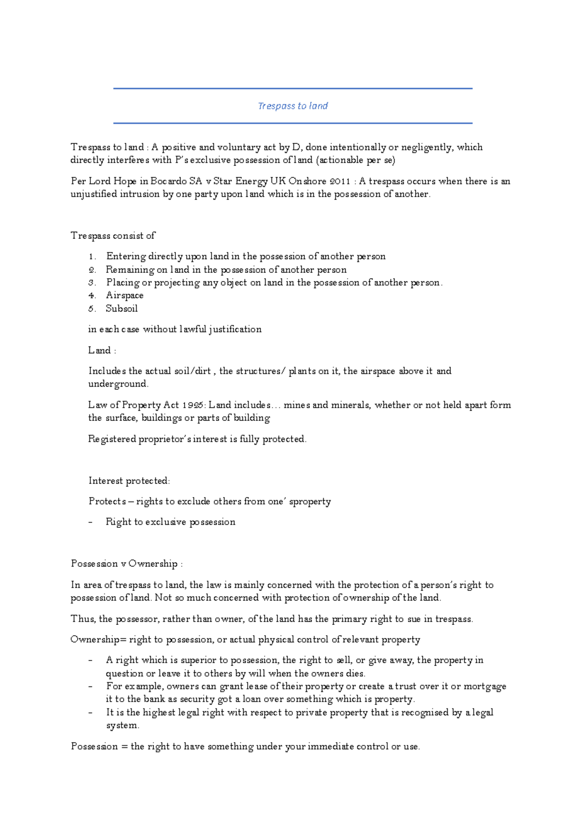 Trespass to Land - Key Points and Case Law Insights - Studocu