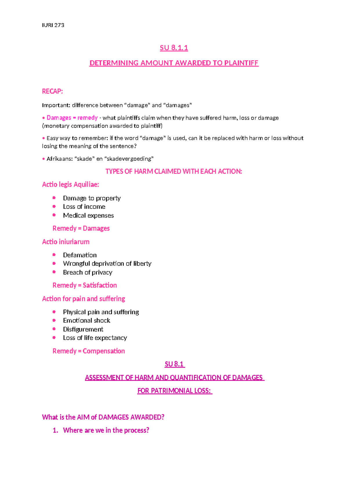 IURI 273 SU 8 - Summary of Delict and Damages Assessment - Studocu