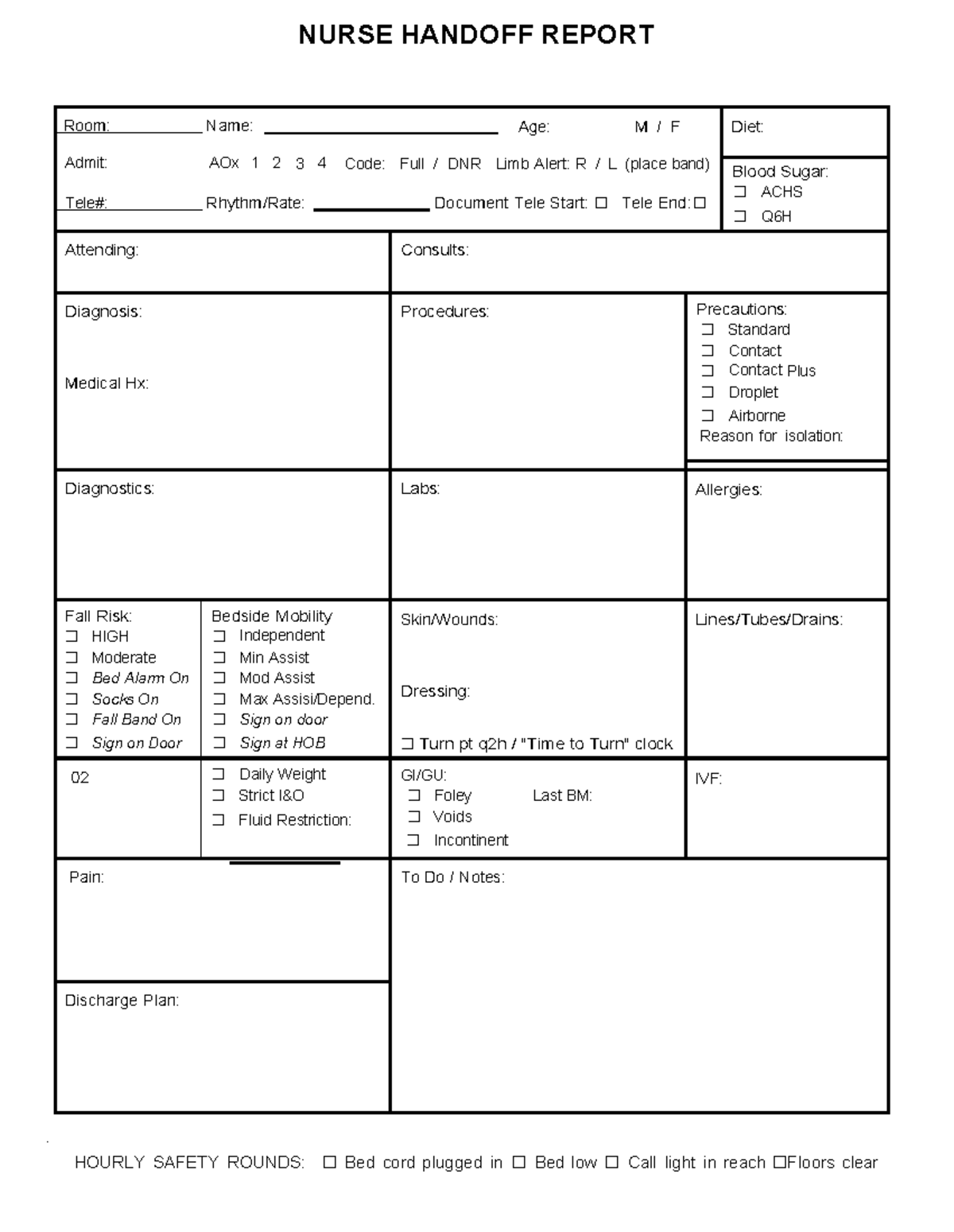 NUR 101 Nurse Handoff Report Form: Patient Safety & Care Details - Studocu