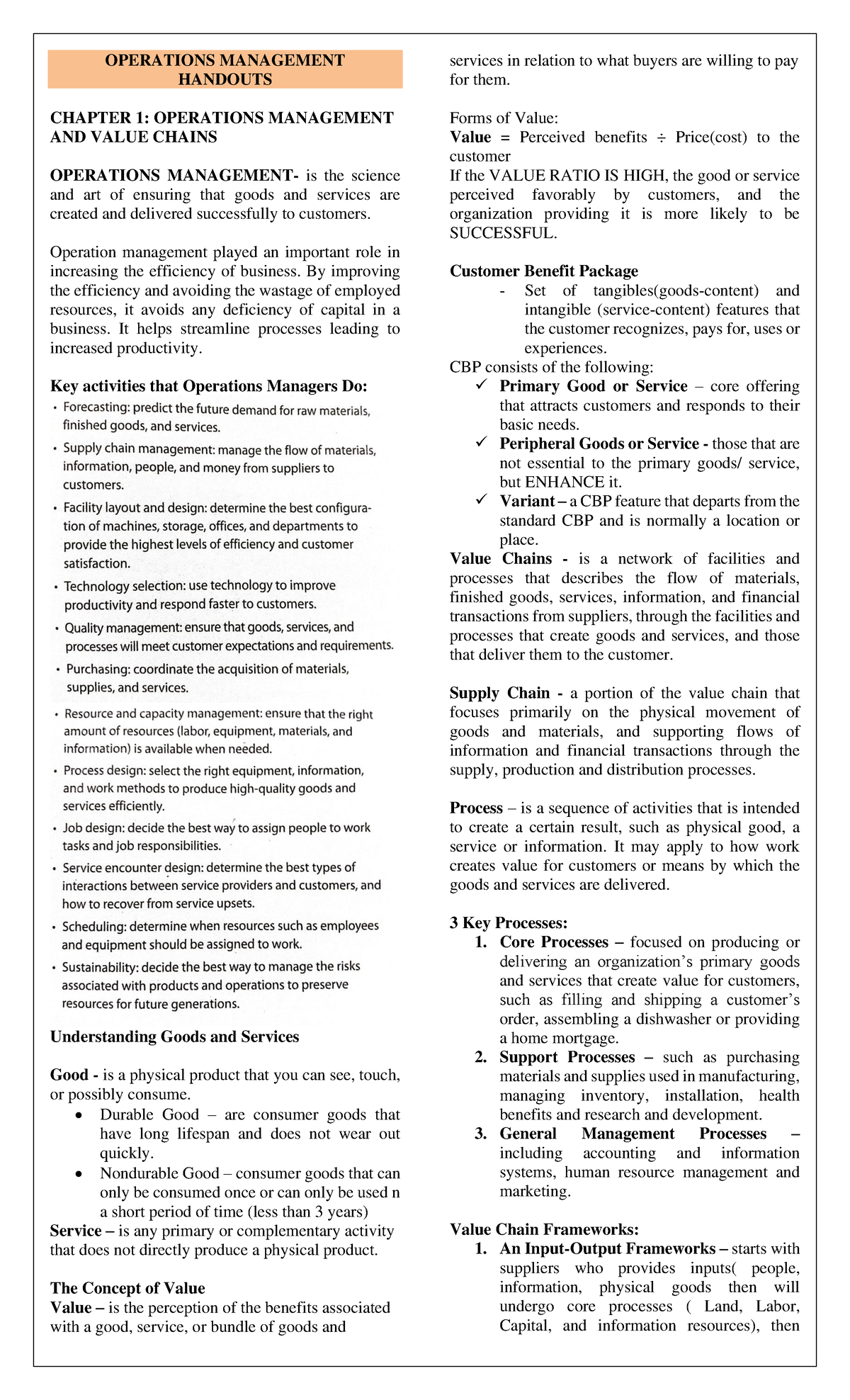Operations Management 1: Chapter Insights on Value Chains & Strategies ...