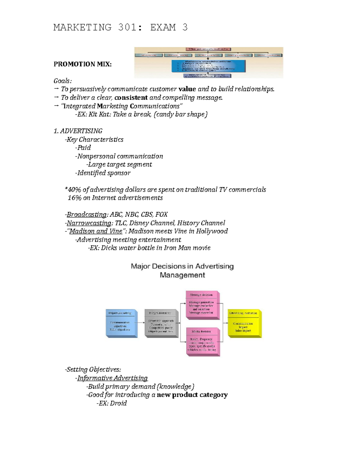 MKTG 301 - Exam 3 Comprehensive Study Guide on Promotion Mix and Sales ...
