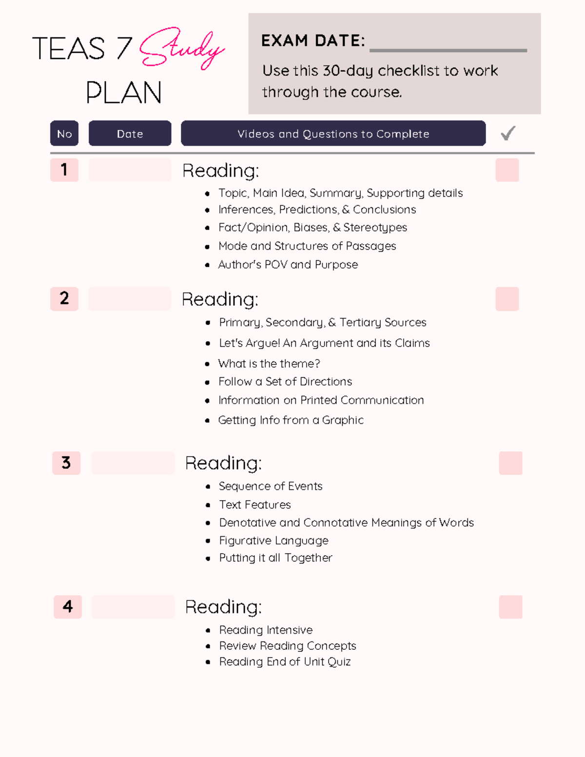TEAS 7 Course Study Planner - TEAS 7 EXAM DATE: ####### No Date Videos ...
