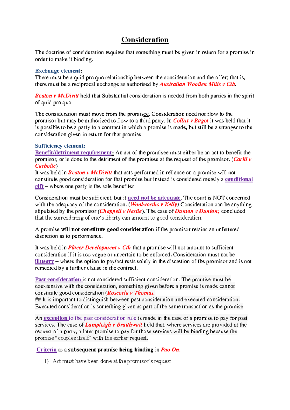 Consideration guide - law of contract - Consideration The doctrine of ...