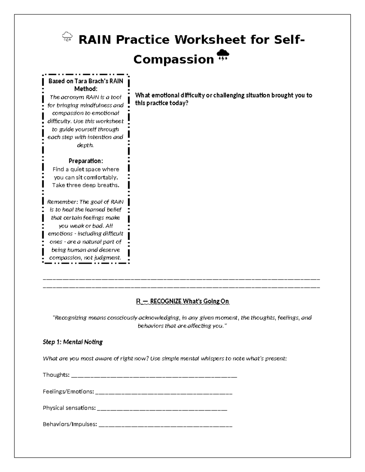 RAIN Self-Compassion Practice Worksheet: Mindfulness Guide - Studocu