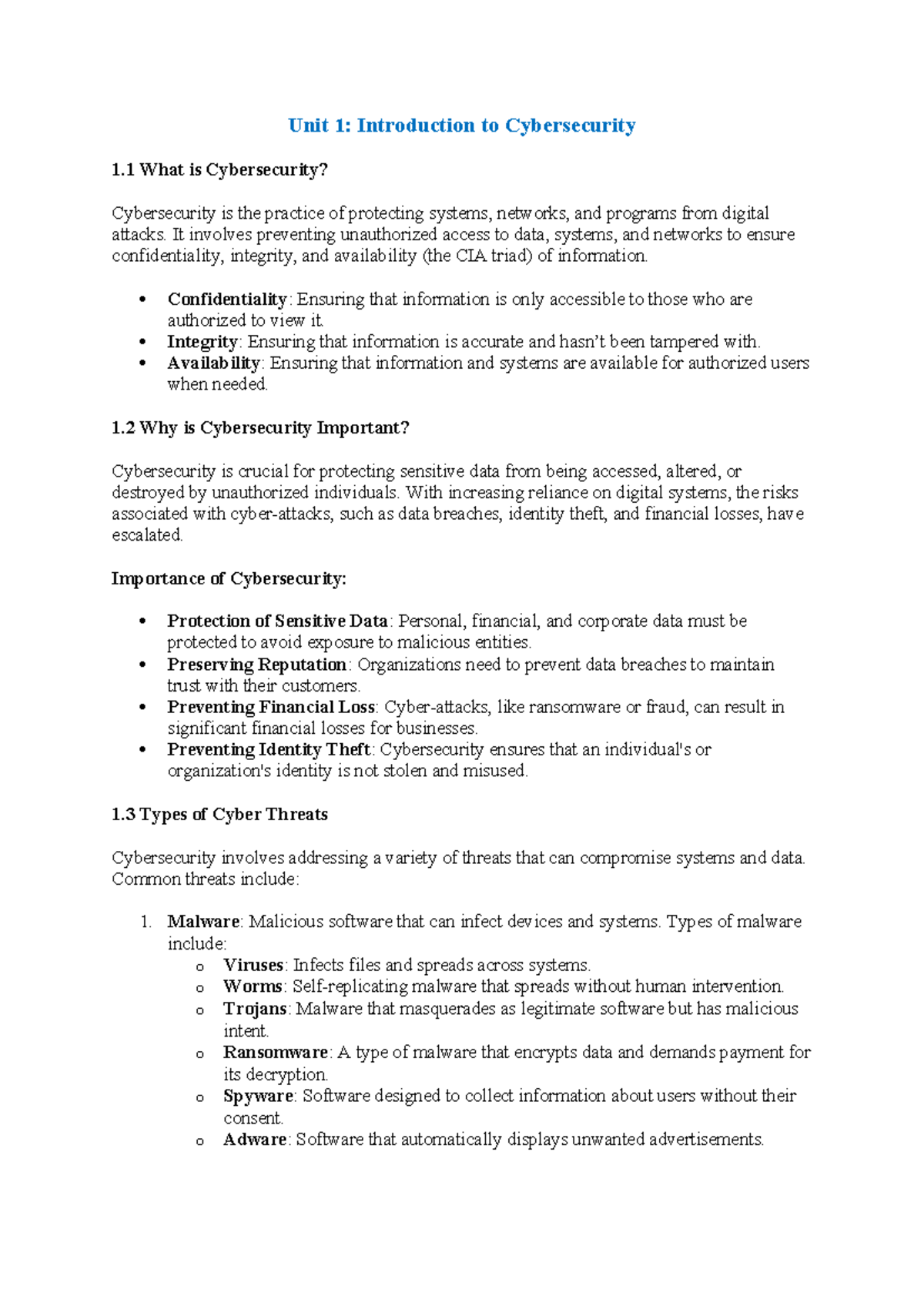 Unit 1: Key Concepts in Cybersecurity & Their Importance - Studocu