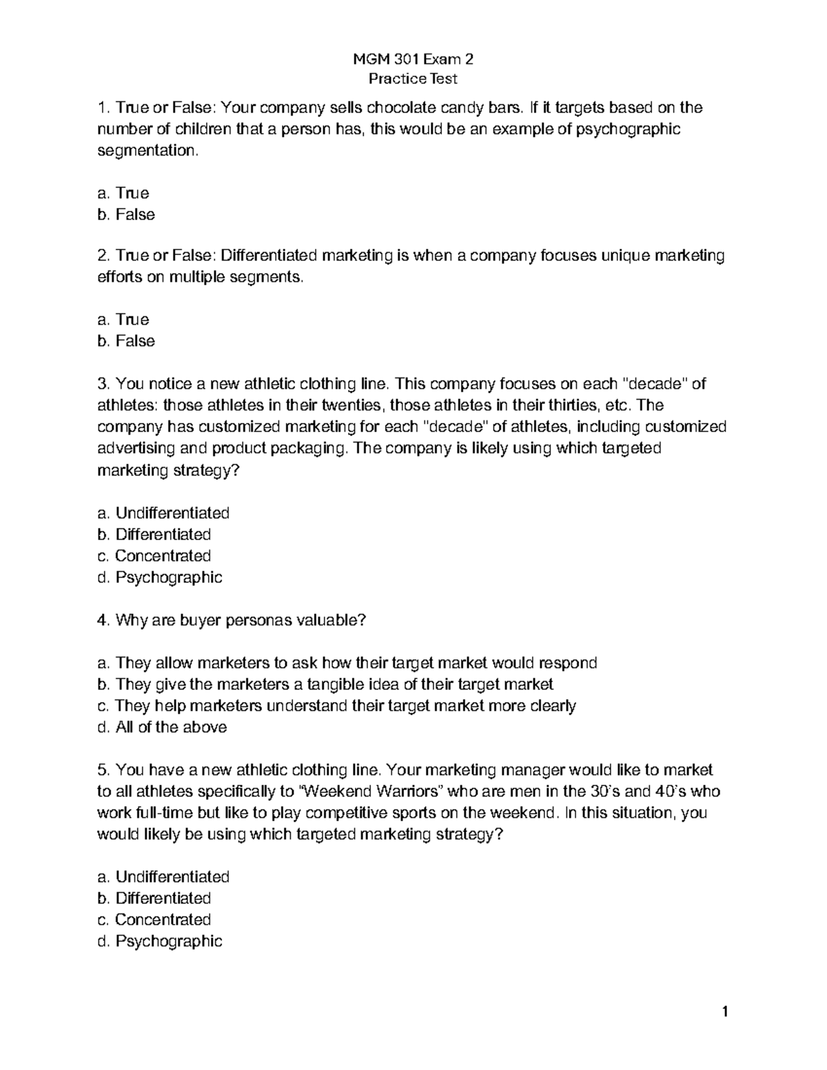 MGM 301 Exam 2 practice test on targeted marketing strategies - Studocu