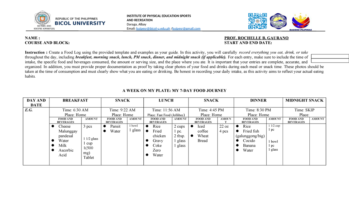 Food Log Activity for Pathfit-2: A Week on My Plate - Studocu