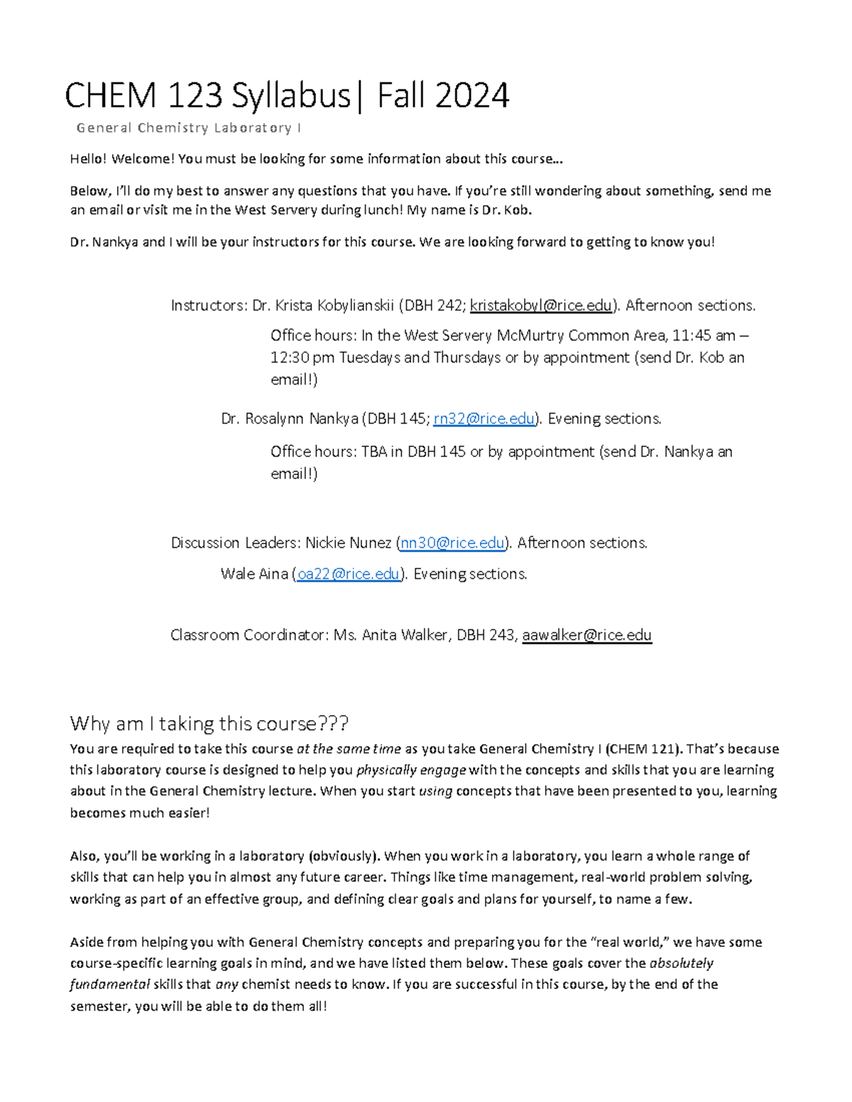 CHEM 123 Fall 2024 General Chemistry Lab I Syllabus Overview - Studocu