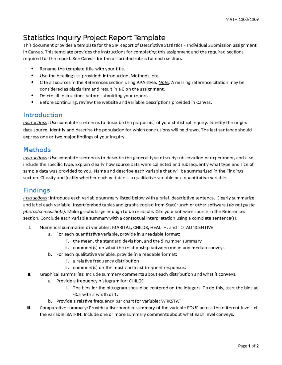Statistics Inquiry Project Report Template - MATH 1308 SP2024 - Studocu