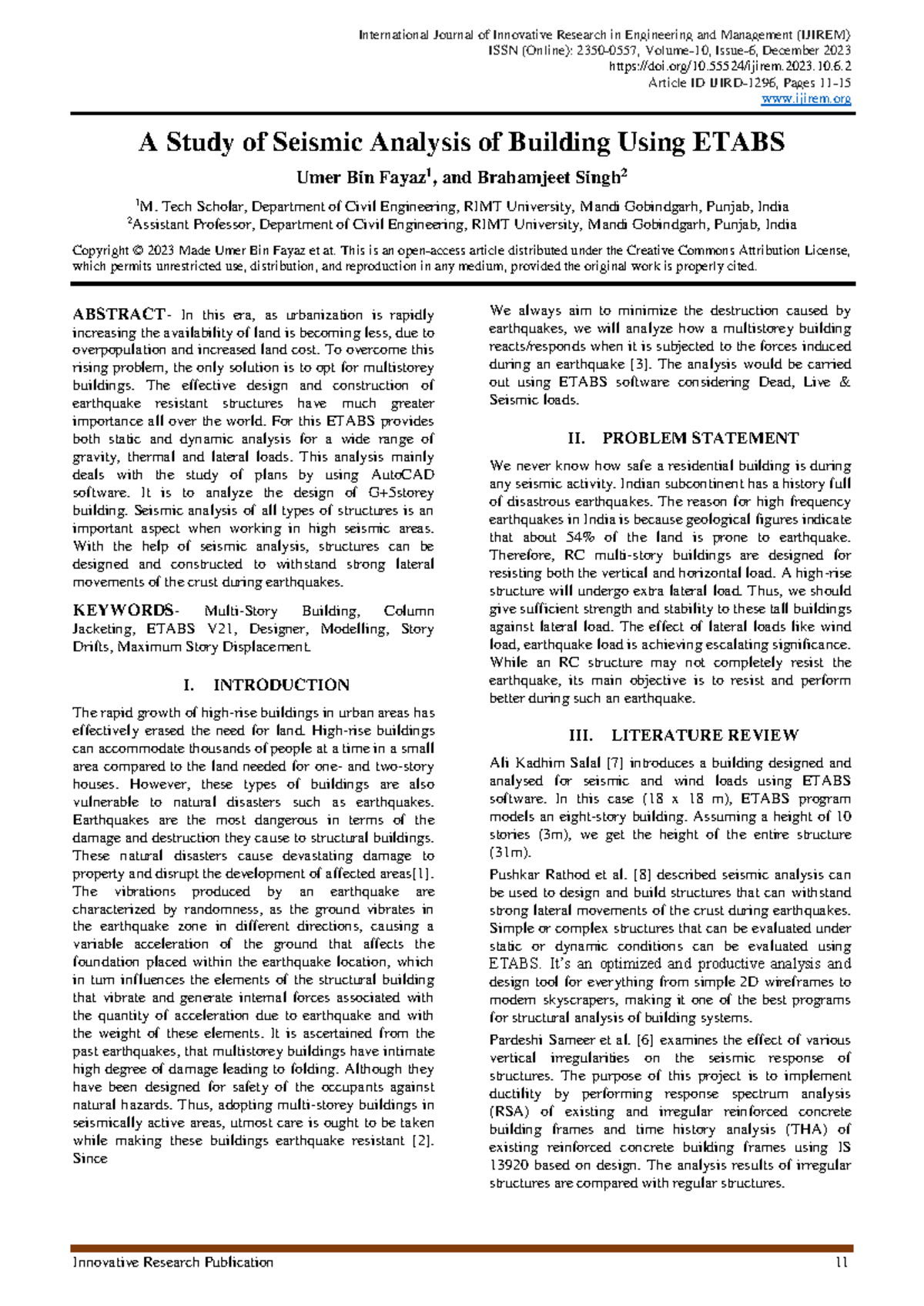 A Study of Seismic Analysis of Buildings Using ETABS (IJIREM) - Studocu