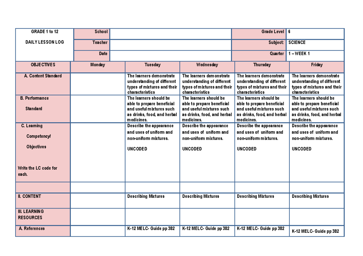 WEEK 1 Daily Lesson Log for Grade 6 Science: Understanding Mixtures ...