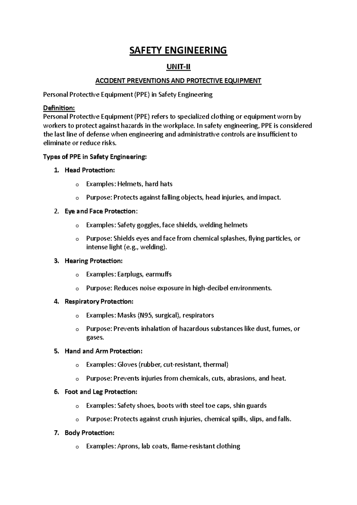 Safety Engineering Unit 2: PPE, Accident Prevention & Reporting - Studocu