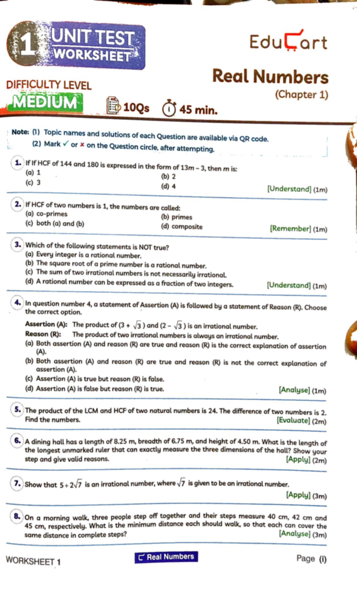 Real Numbers Unit Test Worksheet (Chapter 1) - Medium Level 10Qs - Studocu
