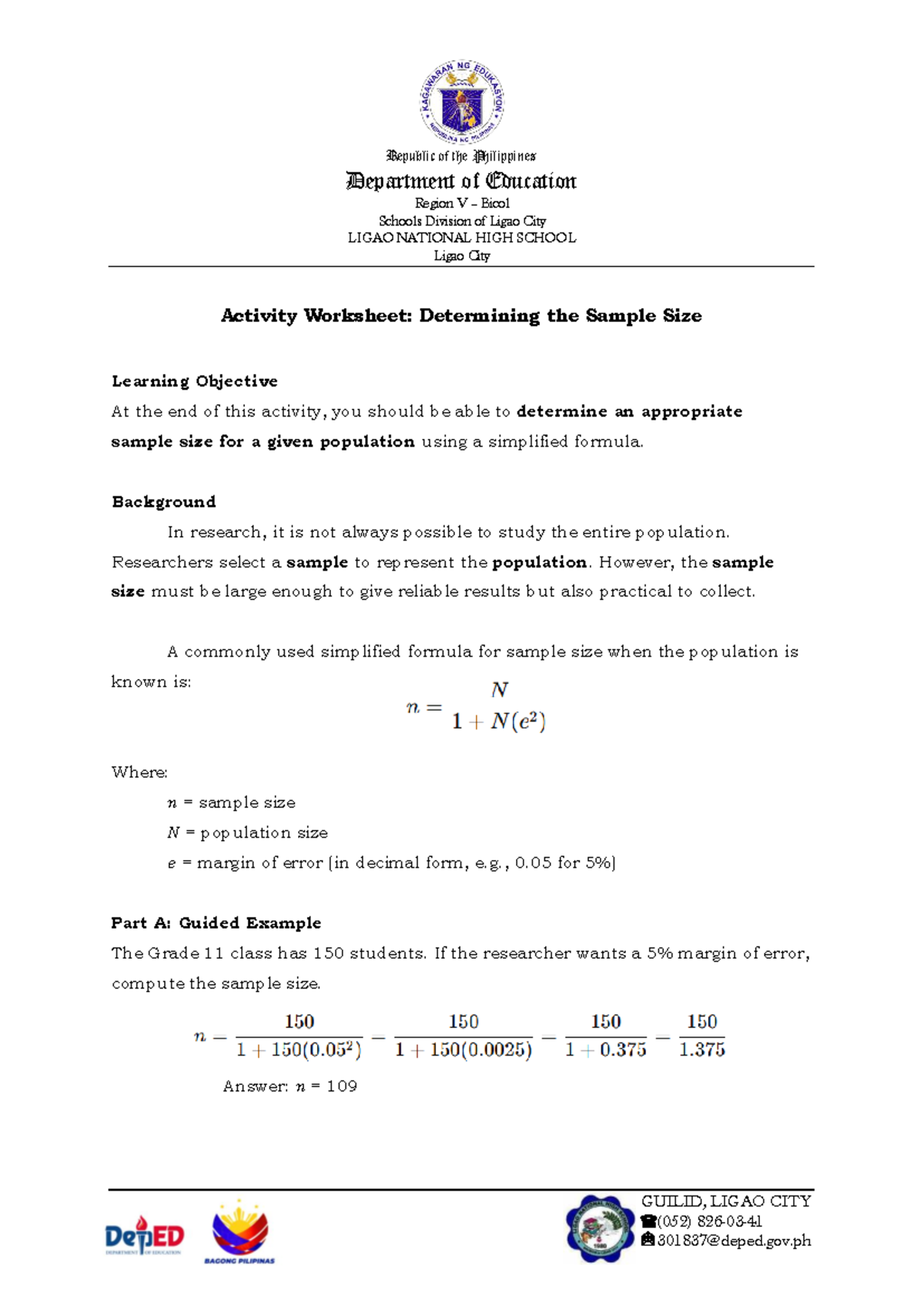 Activity Worksheet: Determining Sample Size for Research (GUILID, LIGAO ...