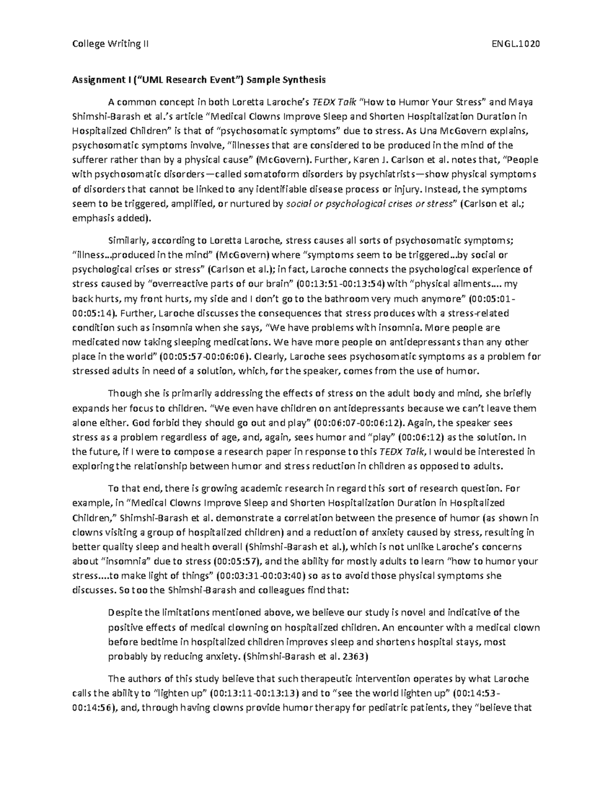 ENGL.1020 Assignment I Sample Synthesis - College Writing II ENGL ...