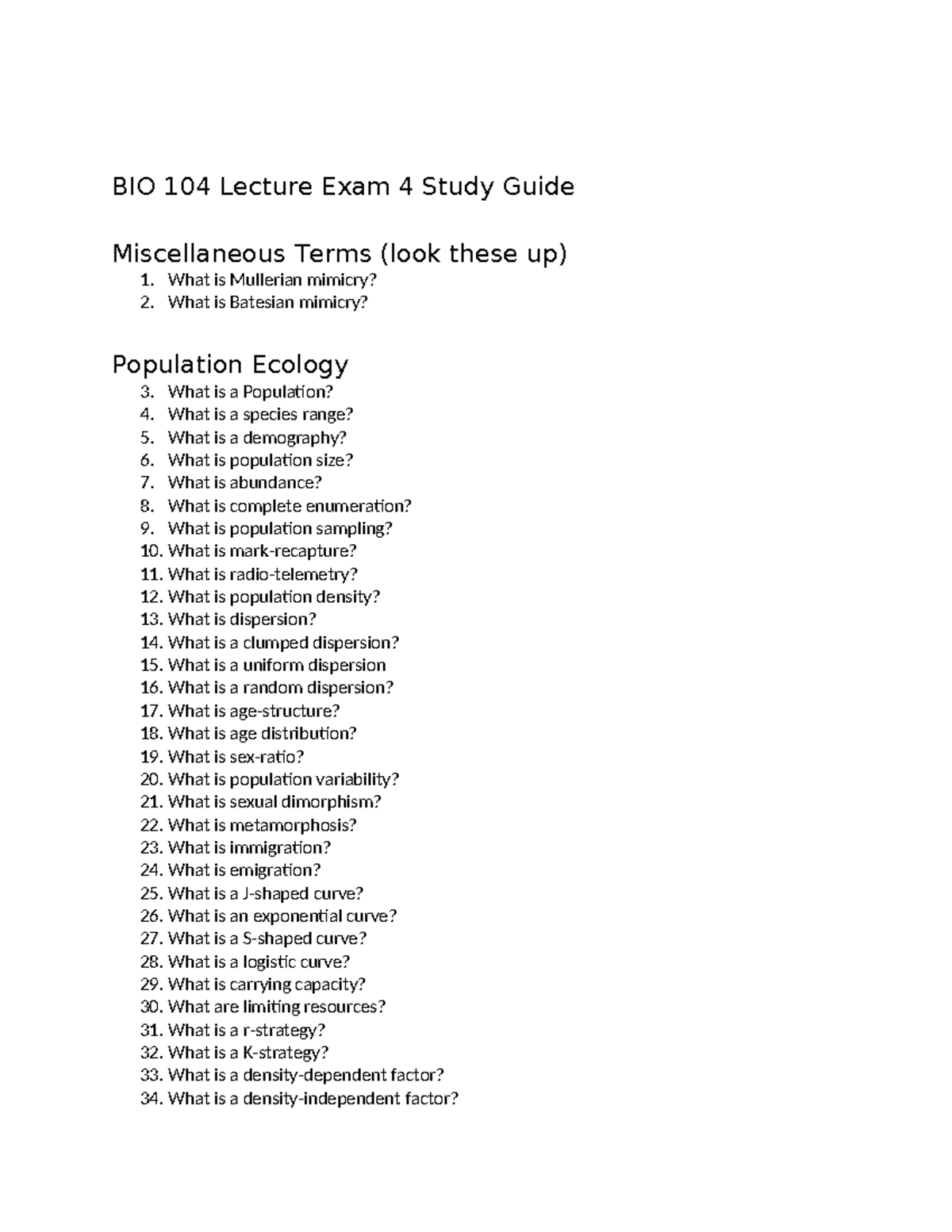 BIO 104 Lecture Exam 4 Study Guide: Key Terms & Concepts - Studocu